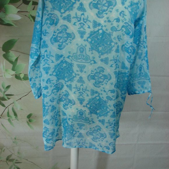 Sheer Blue Tones Open Long Sleeve Boho Mehndi Style Floral Side Slit Cover Up - Picture 7 of 16